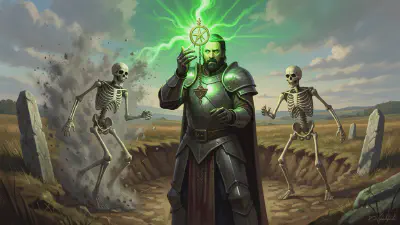 Bancroft the cleric stands in front of an open trench with his holy symbol of Sylvanus raised, green divine light pouring from it, two skeletal figures recoiling — one dissolving into ash, the other turning to flee