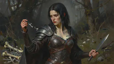 Clarice the elven thief examines the long shallow tear across her bodice with an outraged sour expression, her dagger held in her other hand, ash and broken bones at her feet.
