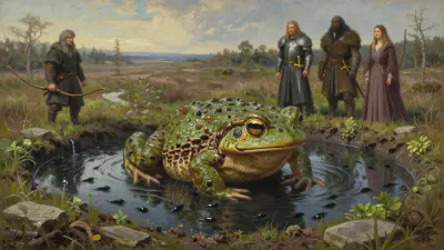 A giant green toad sits in a brown swamp-water hole at the dig site, surrounded by black tadpoles, while Anister, Bancroft, Irulan and Clarice stand at a respectful distance and watch