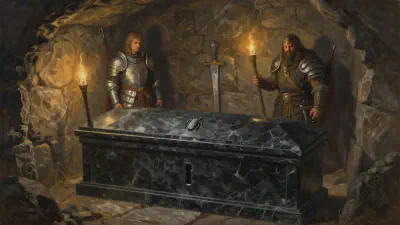 A polished black marble sarcophagus stands in the middle of a small barrow chamber, lit by Anister's torch. Above the central keyhole is a small carved scarab insignia. Bancroft and Irulan stand in plate at one end; Anister at the other with the torch held high. The chamber is otherwise empty.
