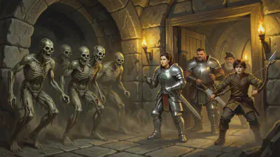The door bursts open into a stone chamber strewn with debris and a corpse in robes; four shuffling zombies advance through dust and torchlight. Bancroft in shining plate stands at the threshold with the elvish longsword raised, Irulan beside him with a longsword, Anister behind with longbow drawn, and Willow the young hireling lunging forward with his spear, a small fierce grin on his face.