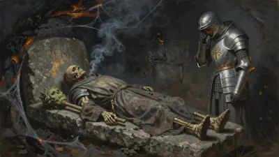 A small smoke-blackened stone burial chamber, webs burned away, walls scorched. On a stone slab lies a charred, near-skeletonized body in the burned remains of clerical robes, both hands clutching a wooden cudgel carved with the face of the Green Man. Above the slab, soot wiped away, a name is cut into the stone. Bancroft, a human cleric in plate, stands at the foot of the slab with his head bowed, stricken. Smoke hangs in the torchlight.