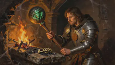 Bancroft kneels in a burnt barrow chamber, lifting a Green Man mace from a dead priest's hands.