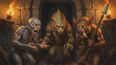 Three twisted mongrel-folk in a dark stone doorway, lit by torchlight, offering food to the party.