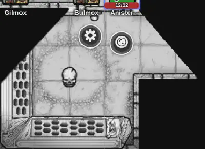Top-down map of the charnel chamber: urn alcoves down one wall, a skull on the floor, a stone bier, the party's torches at the door.