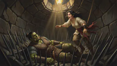 Irulan crumpled at the bottom of a spiked pit, a spike through her side, as Clarice climbs down a rope toward her in torchlight from above.