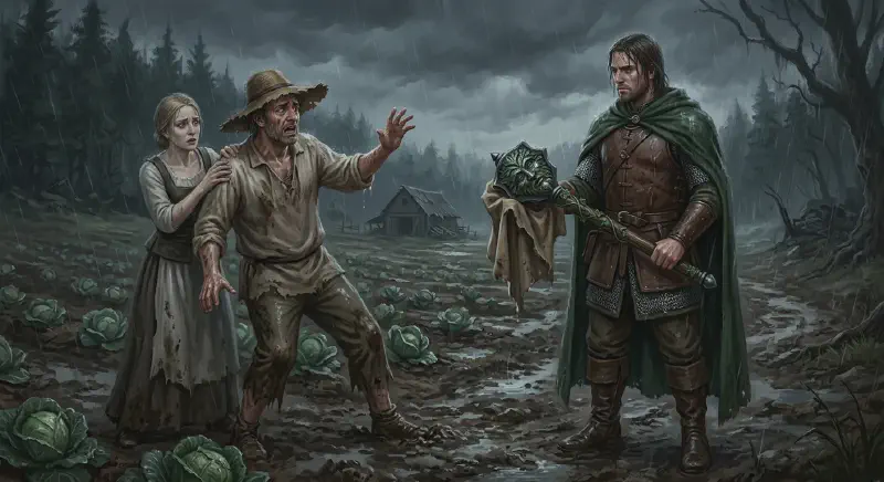 A frightened farmer in a wide-brimmed hat recoils in the rain, his wife behind him among wet cabbages, as Bancroft in leather and a green cloak half-reveals the Green Man mace.