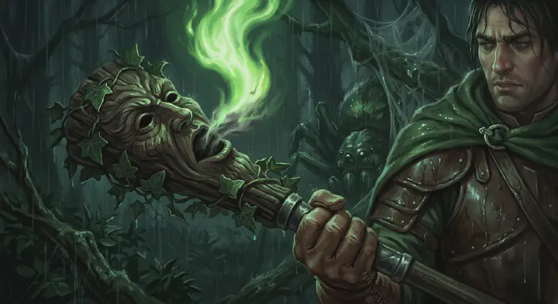 Close on the Green Man mace: its carved mouth opens and swallows the green holy flame, snuffing it, as Bancroft grips the haft and a spider looms in the wet webs behind.