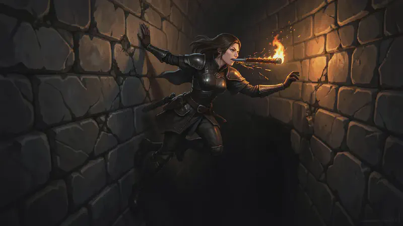 A woman thief in dark leathers climbs sideways along a crumbling stone wall above a black pit, a lit torch clenched in her teeth, the flame trailing as she reaches.