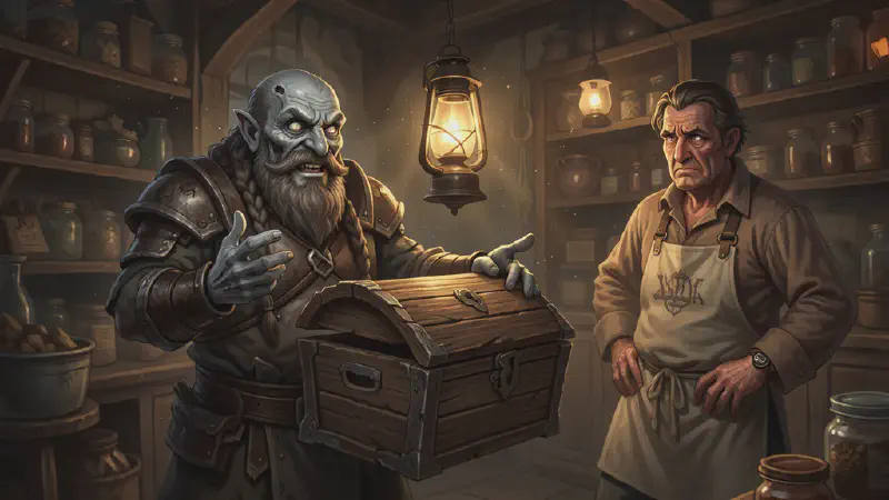 A grey-skinned dwarf gestures grandly over a crooked wooden chest while a wary merchant inspects it by lantern light.