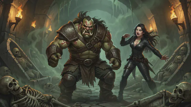 A broad-shouldered half-orc mercenary in leather armor doubles over and is violently sick in a torch-lit barrow chamber strewn with ancient corpses, a woman thief beside him recoiling.