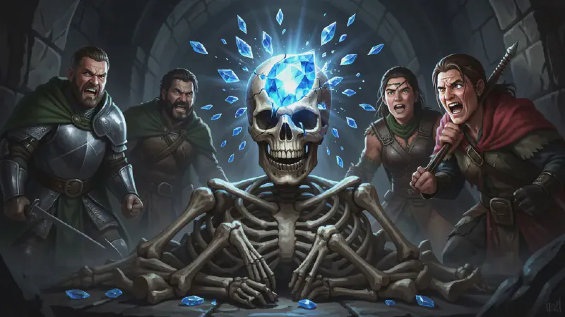 The blue sapphire set in a skeleton’s forehead cracks apart in a burst of light as the skeleton collapses into a heap of bone; the adventurers’ faces are lit from below by the flash, fierce with triumph.