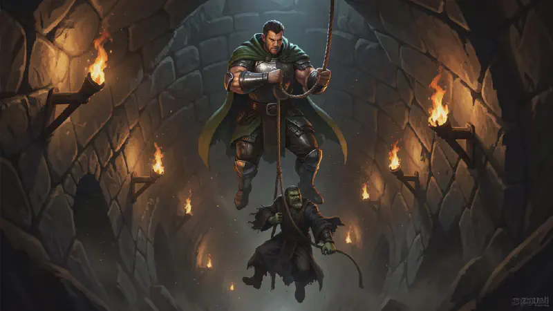 In a torch-lit stone shaft descending into the barrows, a broad-shouldered man in plate armor and a green cloak braces on a pulley rope and catches a falling half-orc wizard dangling below him in a harness.