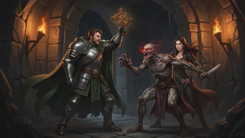 In a torch-lit stone barrow doorway, a broad-shouldered man in plate armor and a green cloak holds up a holy symbol against a gaunt, fast-moving zombie with red-tinged eyes lunging at him, while a noblewoman with a dagger stands ready at his shoulder.