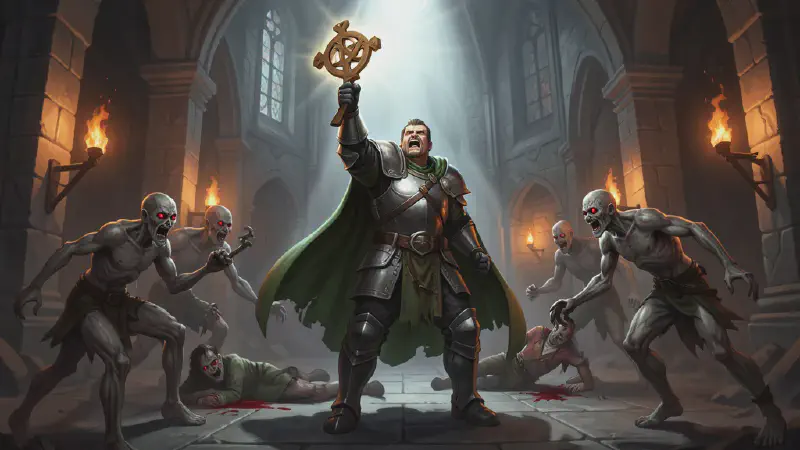 A man in plate armor and a tattered green cloak thrusts a glowing wooden holy symbol high, radiant divine light pouring from it, as a pack of gaunt red-eyed fast zombies recoils around him in a high stone crypt chamber; a wounded companion lies bleeding on the floor behind him.