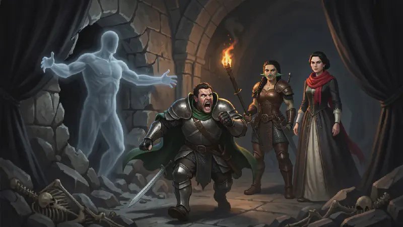 A translucent apparition of a man ending at the shoulders, with no head at all and arms outstretched, emerges from a rubble-choked alcove hung with black curtains; in the foreground a broad-shouldered man in plate armor and a green cloak flees screaming with his sword falling from his open hand, while behind him a half-orc woman with braided hair holds up a torch and a dark-haired noblewoman in a red throat scarf stands her ground.