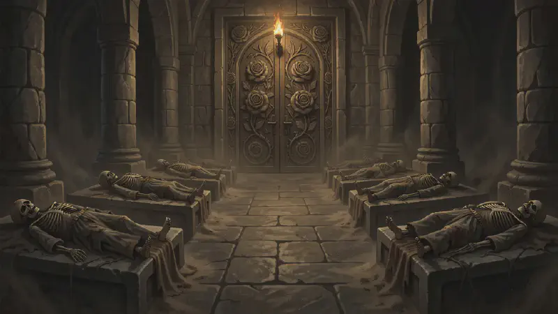 A long hall of ancient stone pillars lit by a single torch, with rows of raised slabs down both sides, each bearing a skeleton laid out in the rotted rags of a priest’s robe; the great double doors at the far end are carved with an elaborate bas-relief of roses and thorns.