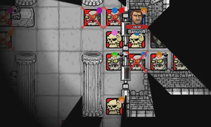 The same battle map moments later: five of the undead tokens are struck through with heavy red crosses and their eyes have gone dark, four more are marked with small ghost icons denoting flight – including both of the skeletons flanking the armored figure, who is still at full health.