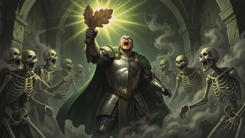 The same armored man stands amid the undead with his head thrown back and his mouth wide, roaring, one fist thrust above him holding a wooden holy symbol carved in the shape of an oak leaf that is blazing with green-gold light. The skeletons around him shriek back with their jaws unhinged, and grey dust boils through the air between them.